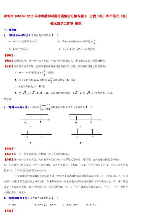 深圳市2002年2011年中考数学试题分类解析汇