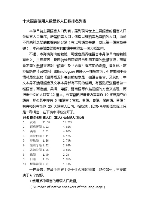 十大语言使用人数最多人口数排名列表