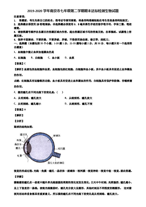 2019-2020学年南京市七年级第二学期期末达标检测生物试题含解析