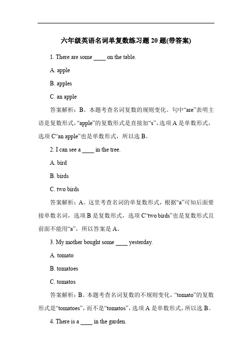 六年级英语名词单复数练习题20题(带答案)