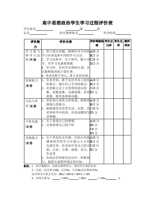 高中思想政治学生学习过程评价表