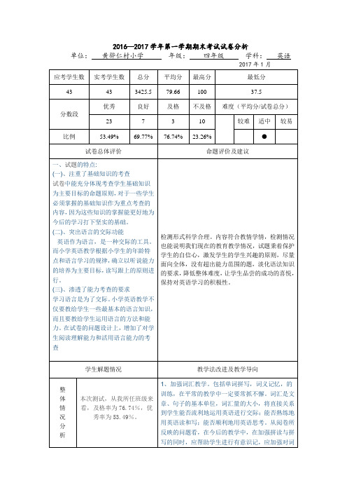 英语四年级期末试卷分析样表