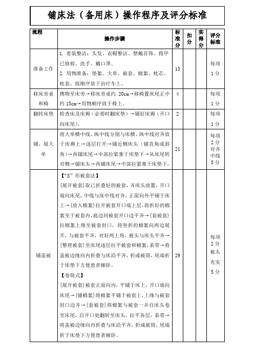 铺床法(备用床)操作程序及评分标准