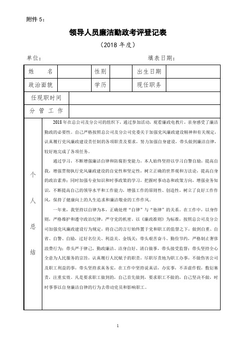 领导人员廉洁勤政考评登记表