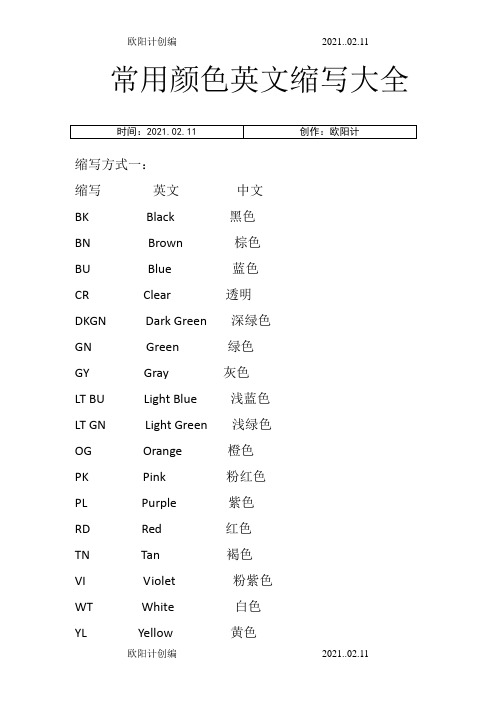 常用颜色英文缩写大全之欧阳计创编