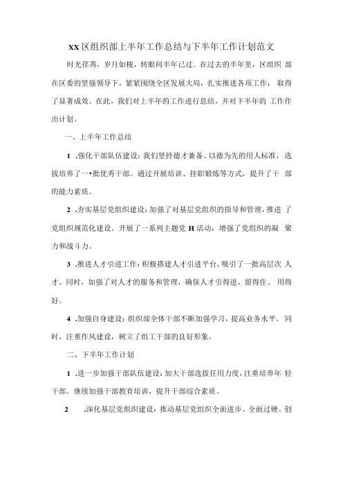 XX区组织部上半年工作总结与下半年工作计划范文.docx