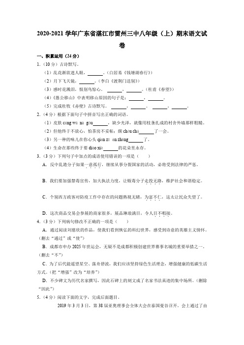 广东省湛江市雷州第三中学2020—2021学年八年级上学期期末考试语文试题