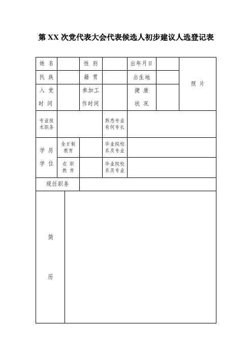 党代会候选人初步建议人选登记表