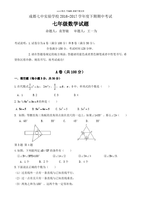 [中学联盟]四川省成都七中实验学校2016-2017学年七年级下学期期中考试数学试题