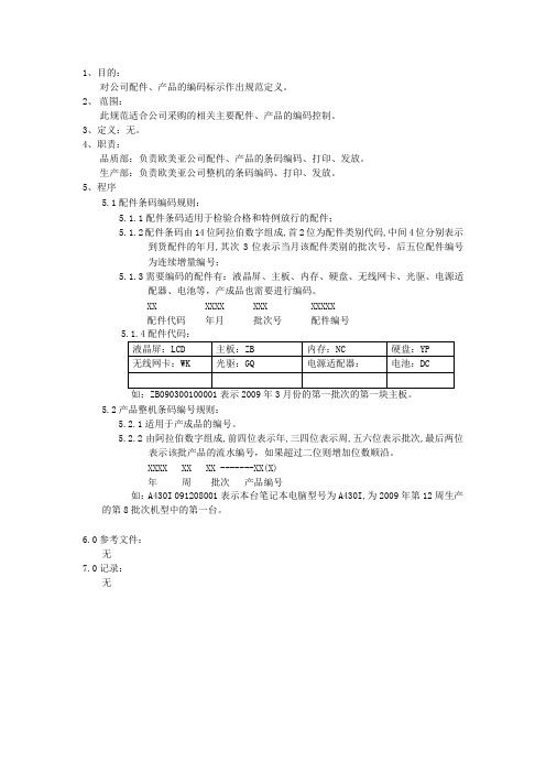 配件及成品条形码编码规范 格式 