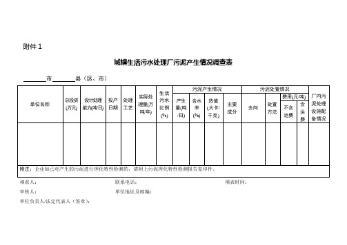 城镇生活污水处理厂污泥产生情况调查表