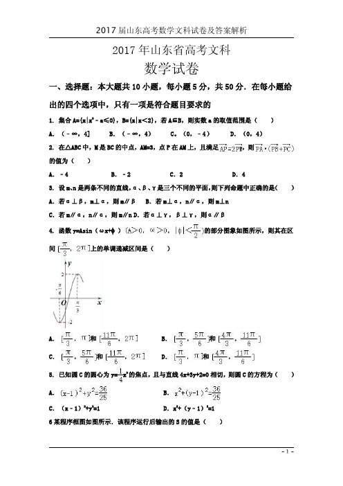 2017届山东高考数学文科试卷及答案解析