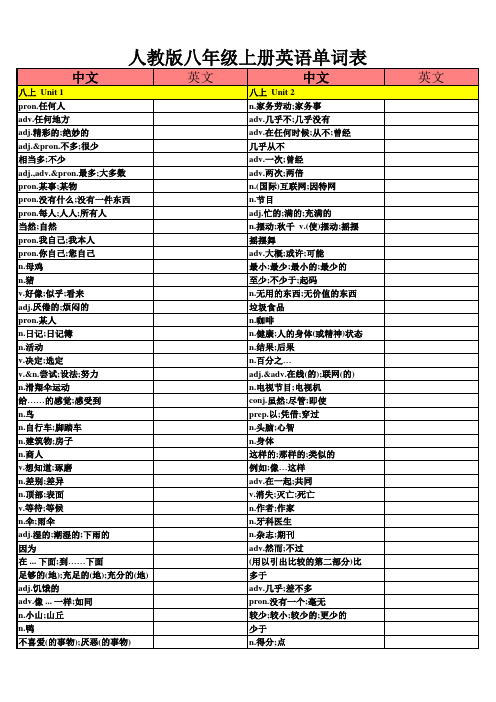 人教版八年级上册英语单词表(汉语默写版)