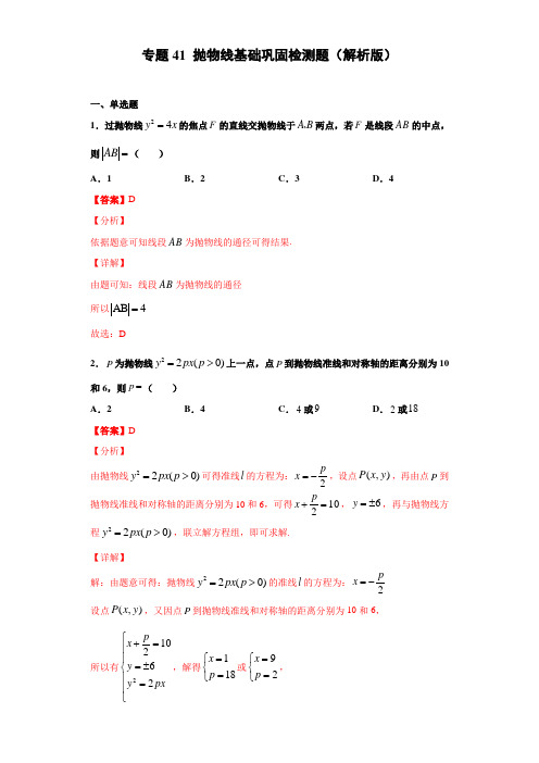 2022年高考数学一轮复习专题 专题41 抛物线基础巩固检测题(解析版)