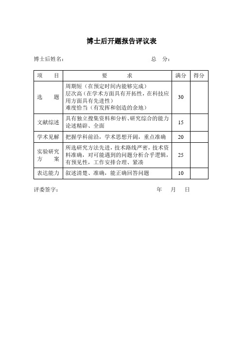 博士后开题报告评议表