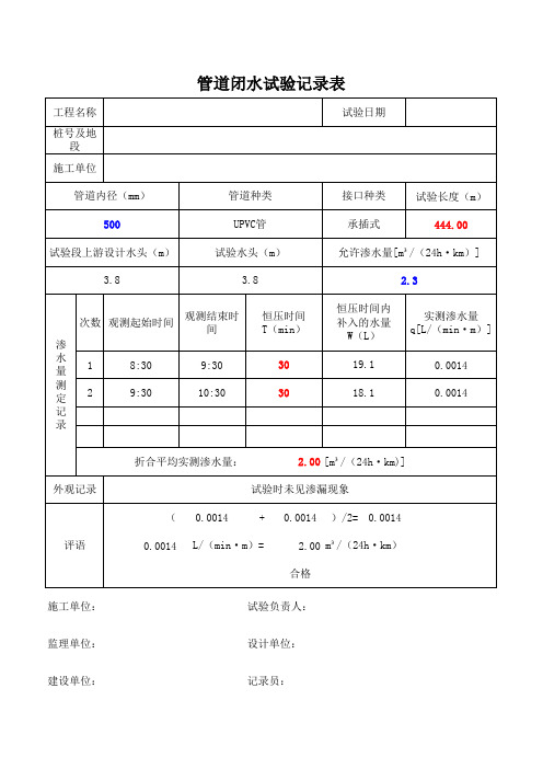 管道闭水试验记录表(自动计算)