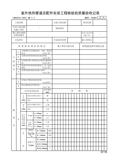 室外供热管道及配件安装工程检验批质量验收记录