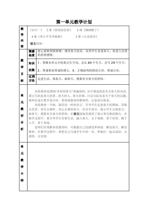 人教版小学语文一年级下册各单元教学计划