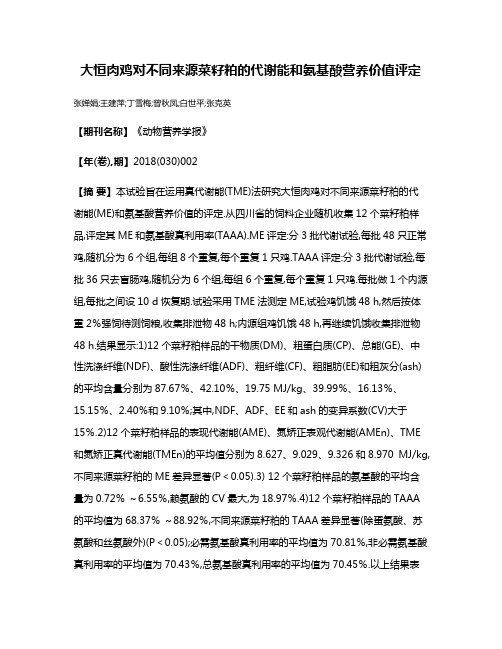 大恒肉鸡对不同来源菜籽粕的代谢能和氨基酸营养价值评定