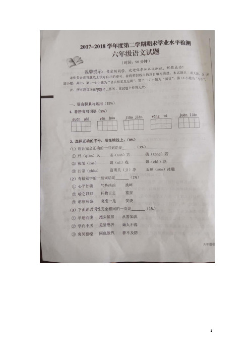 六年级下册语文期末试卷2017-2018学年人教新课标版(图片版,有答案)