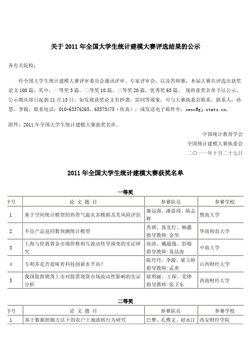 关于2011年全国大学生统计建模大赛评选结果