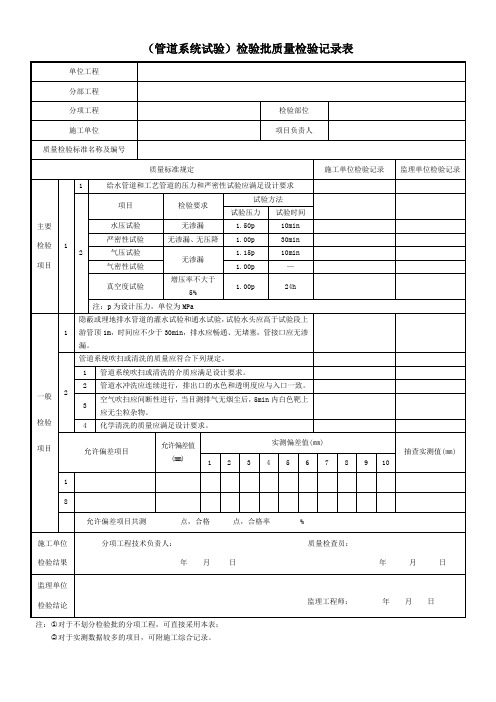 (管道系统试验)检验批质量检验记录表