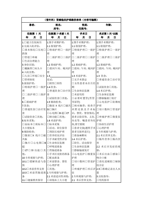 (普外科)胃癌临床护理路径表单(内容可编辑)