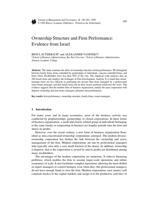 Ownership structure and firmperformance evidence from Israel