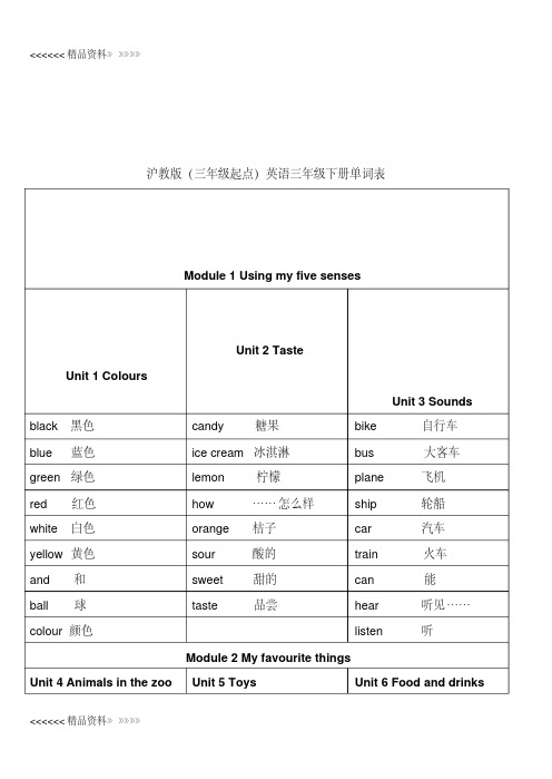 沪教版(三年级起点)英语三年级下册单词表教学提纲