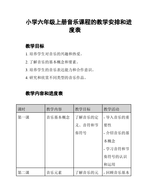 小学六年级上册音乐课程的教学安排和进度表