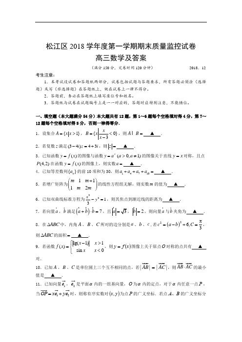 松江区2018学年度第一学期期末质量监控试卷高三数学及答案