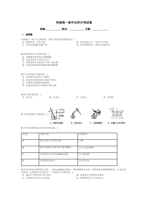 河南高一高中化学月考试卷带答案解析
