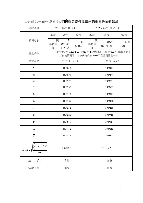 重复性及稳定性考核记录(二等铂铑10-铂热电偶)