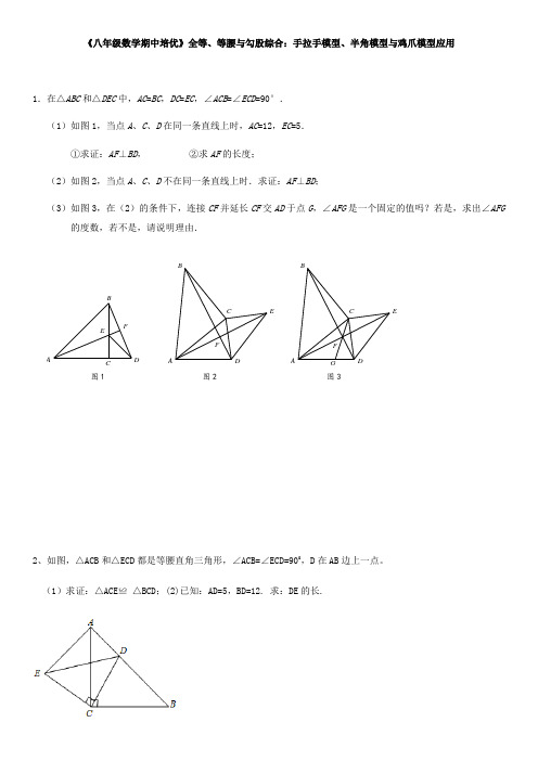 苏科版 八年级数学上册期中培优 ：全等、等腰与勾股定理综合：手拉手模型、半角模型与鸡爪模型应用