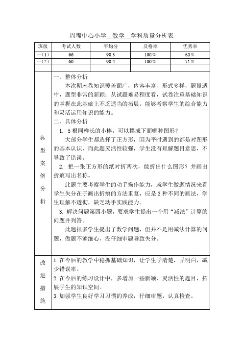 一年级数学期末考试质量分析