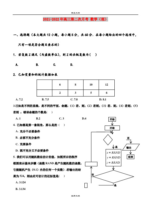 2021-2022年高三第二次月考 数学(理)