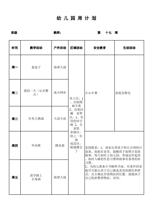 大班下第十七周计划