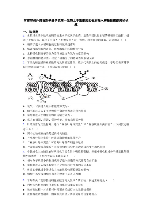 河南郑州外国语新枫杨学校高一生物上学期细胞的物质输入和输出模拟测试试题