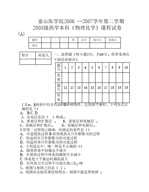 药学本科(物理化学)试题