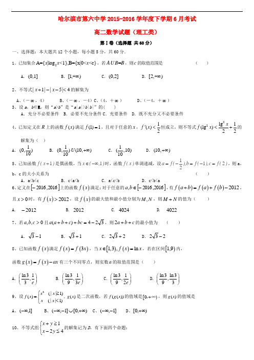 黑龙江省哈尔滨市第六中学高二数学6月月考试题 理(无