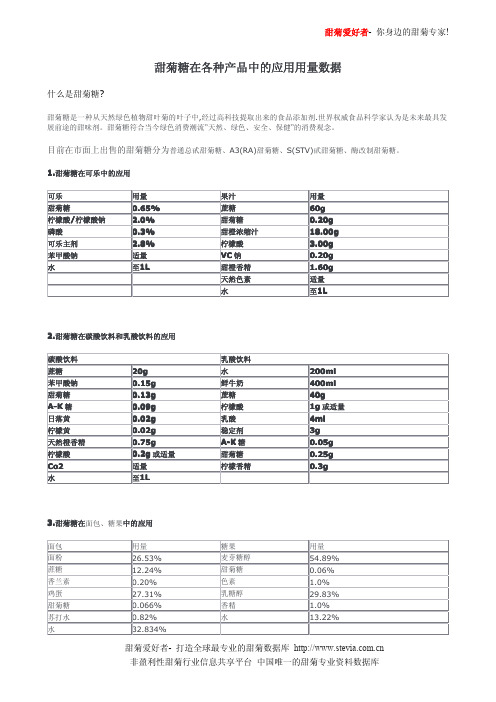 甜菊糖在各种产品中的应用用量数据