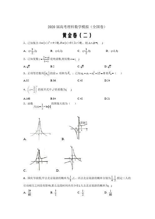 2020届高考理科数学模拟黄金卷(全国卷)(二)word解析版