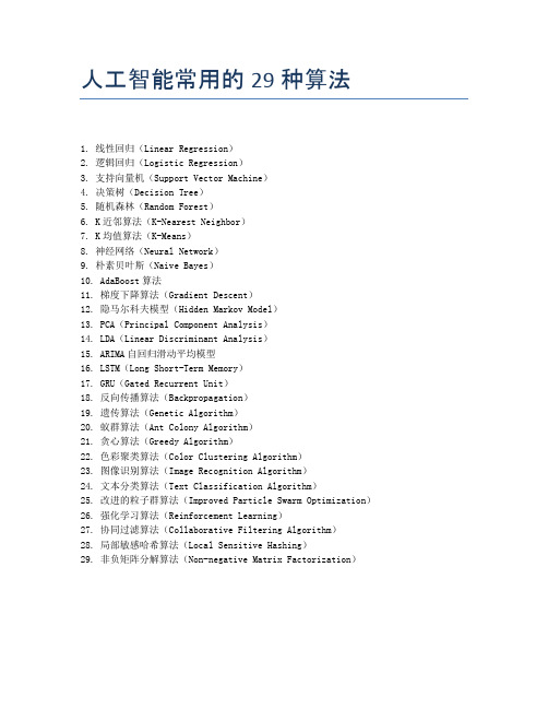 人工智能常用的29种算法