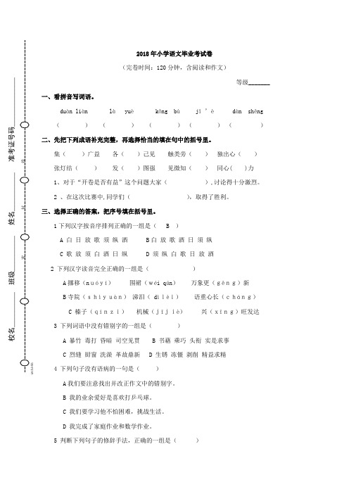 2018年小升初语文试卷含答案