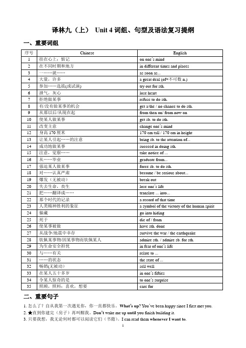 新译林版英语九年级上册第四单元词组句型及语法复习提纲