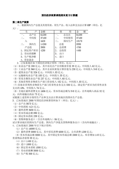 国民经济核算课程期末复习计算题精选