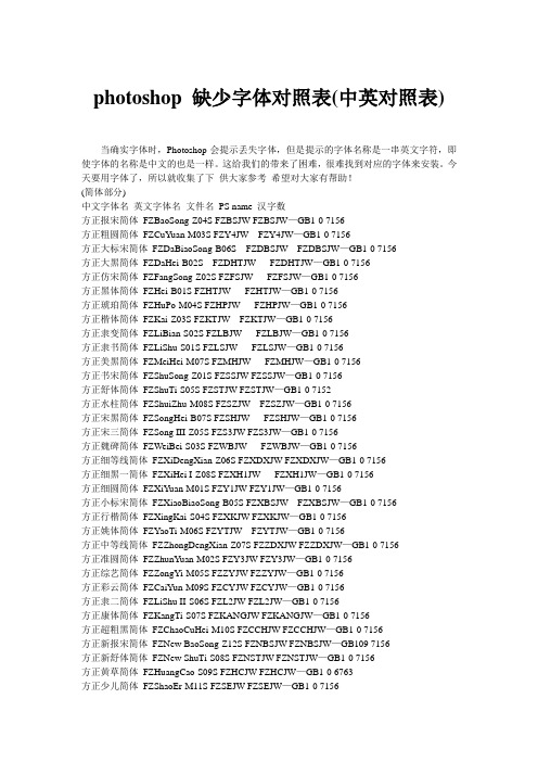 photoshop缺少字体对照表(中英对照)