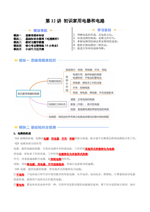 第12讲 初识家用电器和电路(教师版) 2024年新九年级物理暑假提升讲义(苏科版)