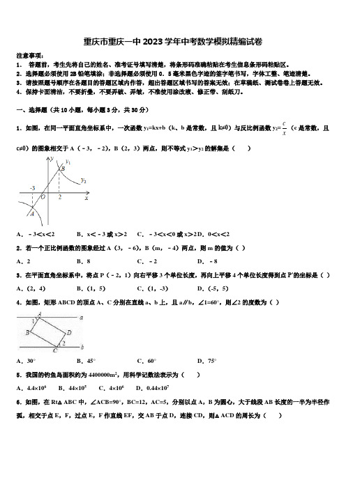 重庆市重庆一中2023学年中考数学模拟精编试卷(含答案解析)