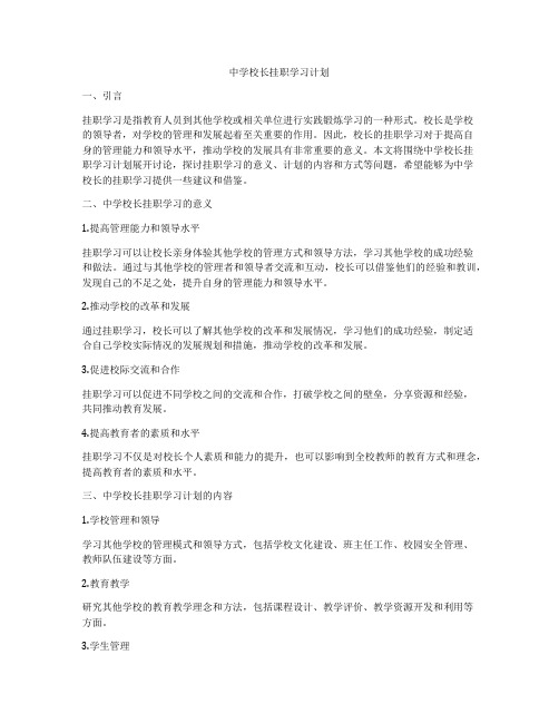 中学校长挂职学习计划